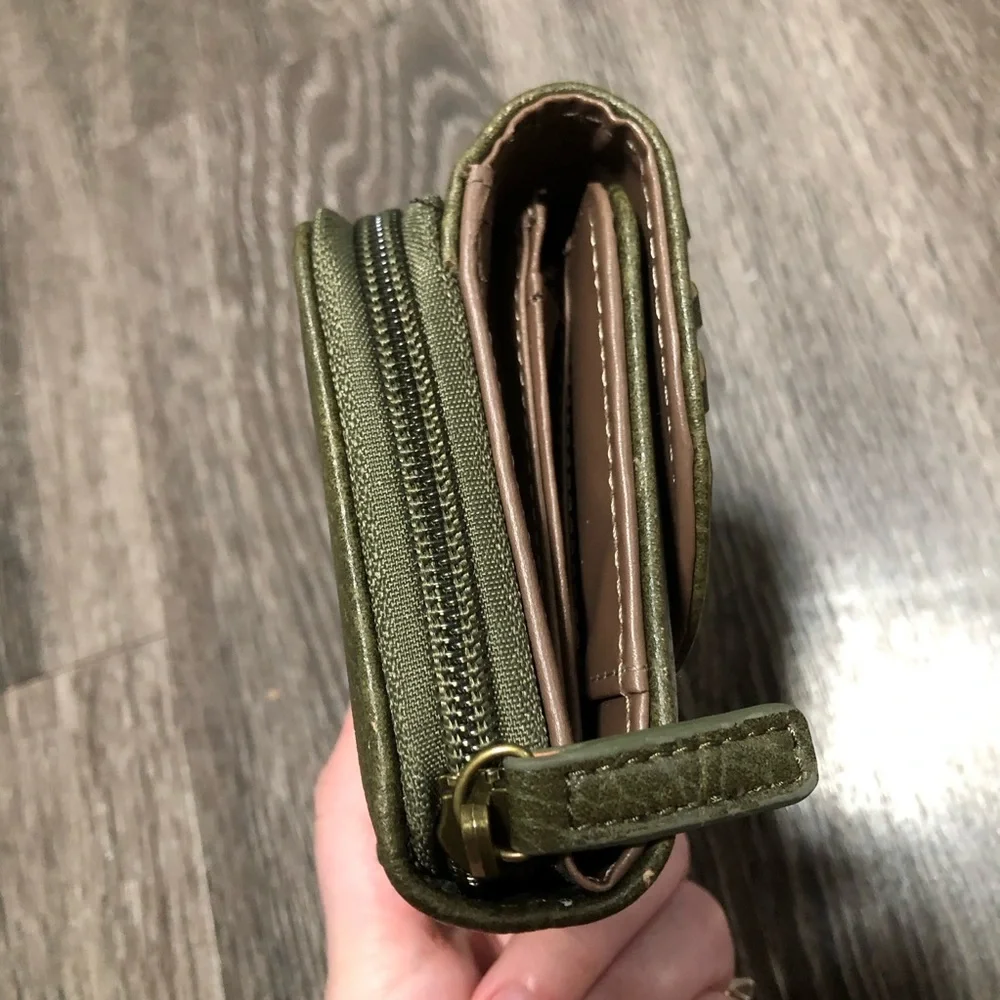 b.o.c. Born Concept OliveGreen Vegan Leather Whipstitch Trifold Organizer Wallet